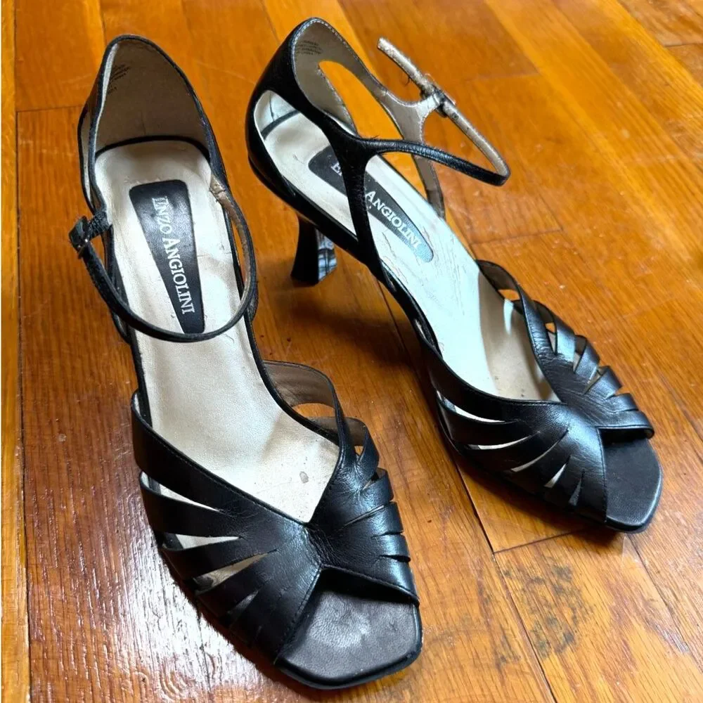 Vintage 90s Black Leather Strappy Cage Heels Open Toe Ankle Strap Sz 6